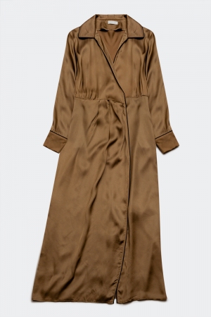 Satin wrap front maxi dress in beige satin
