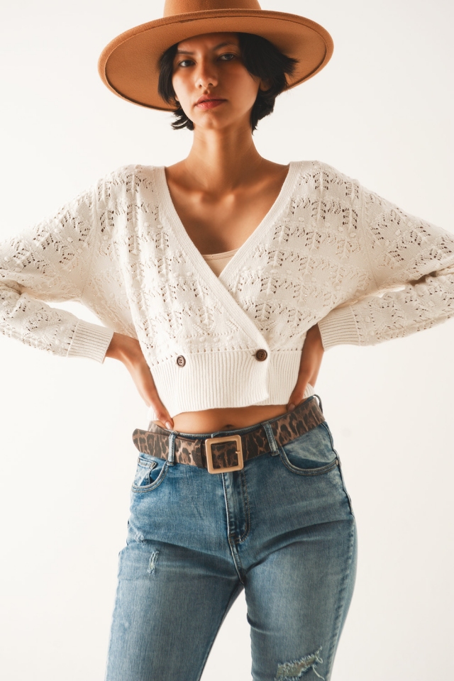 Strickjacke aus Pointelle in Creme
