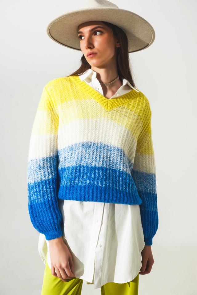 Maglione in misto lana con scollo a V giallo