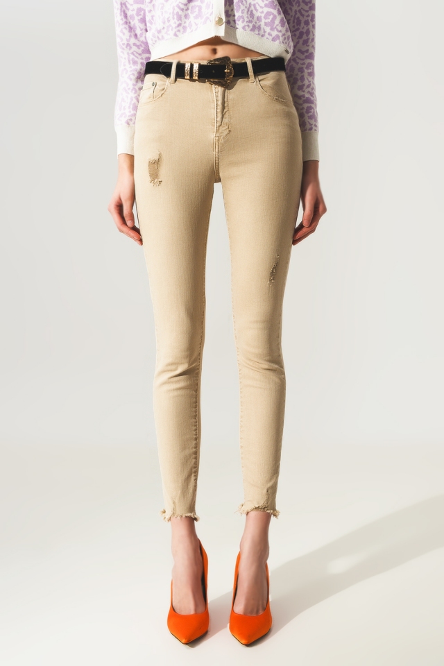 Skinny jeans met hoge taille in beige