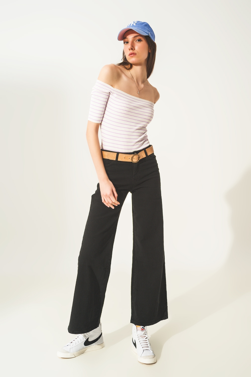 Top lila a rayas con escote Bardot Top lila a rayas con escote Bardot