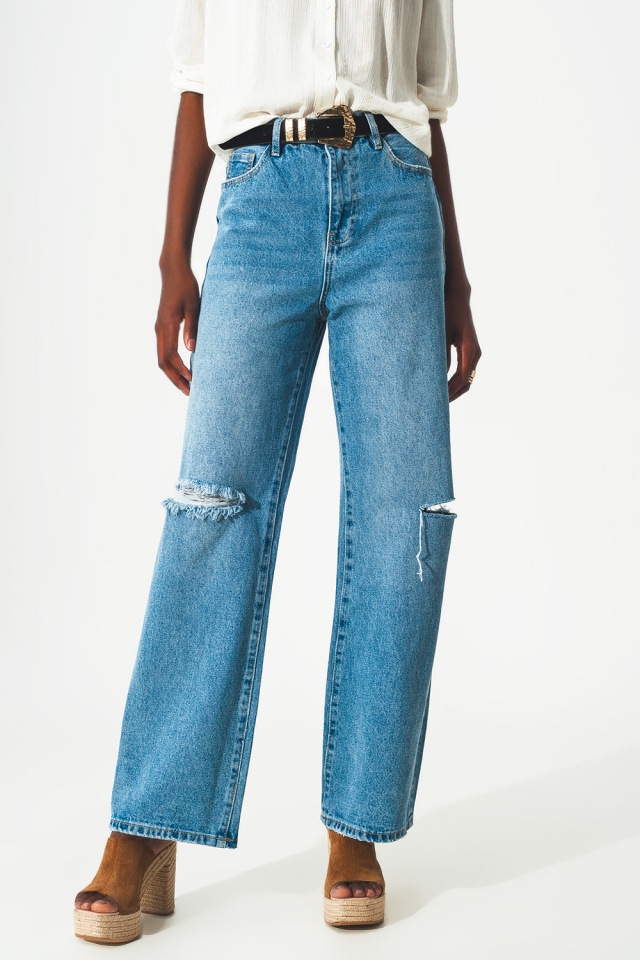 Jeans met rechte pijpen hoge taille en kniescheuren in blauw