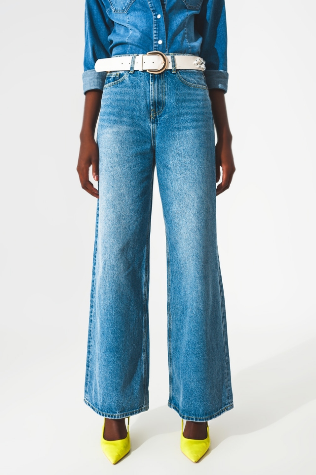 Katoenen jeans met wijde pijpen in blauw