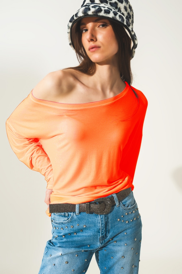 T shirt de manga comprida laranja em tecido modal