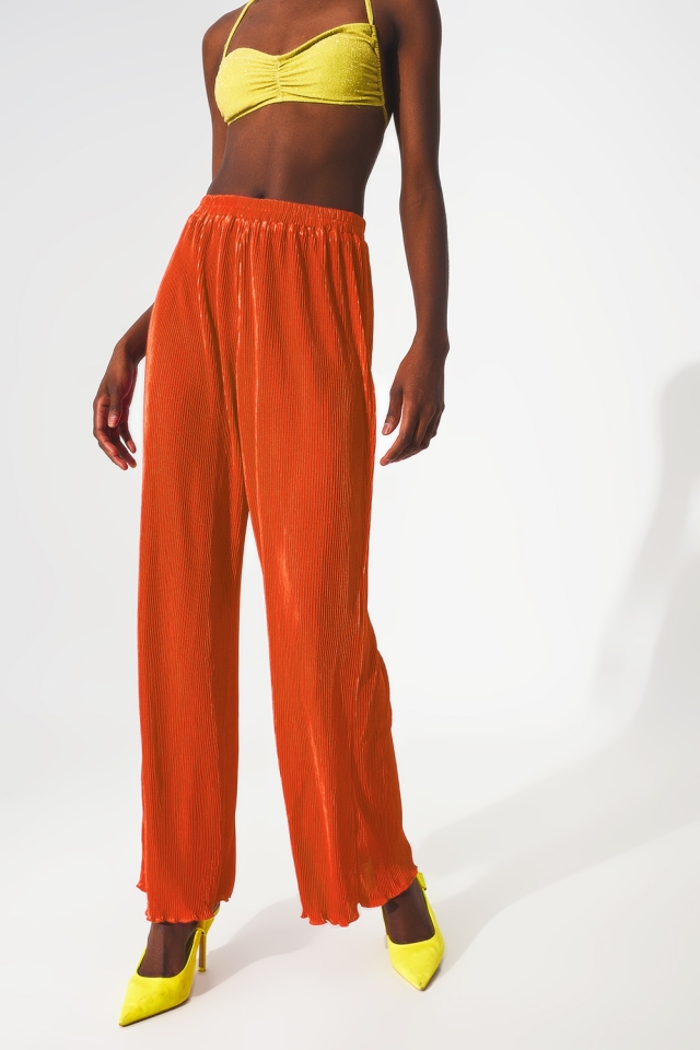 Pantalon large plissé en satin orange