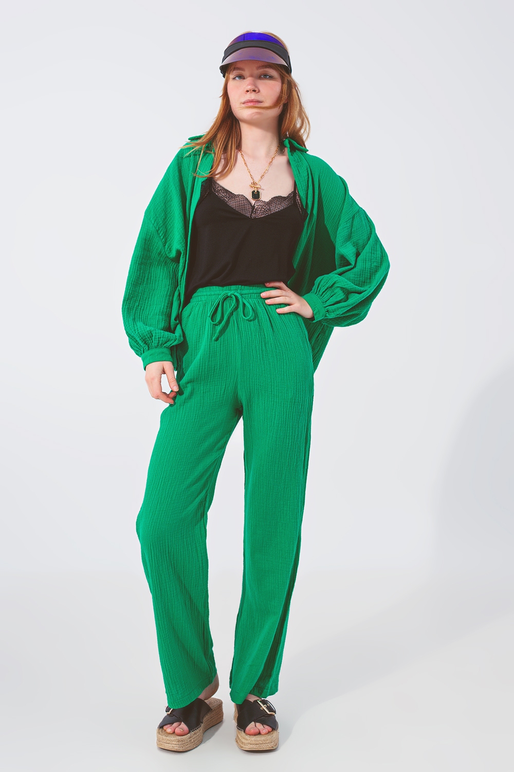 Pantalón Texturizado de Corte Holgado en Verde Pantalón Texturizado de Corte Holgado en Verde