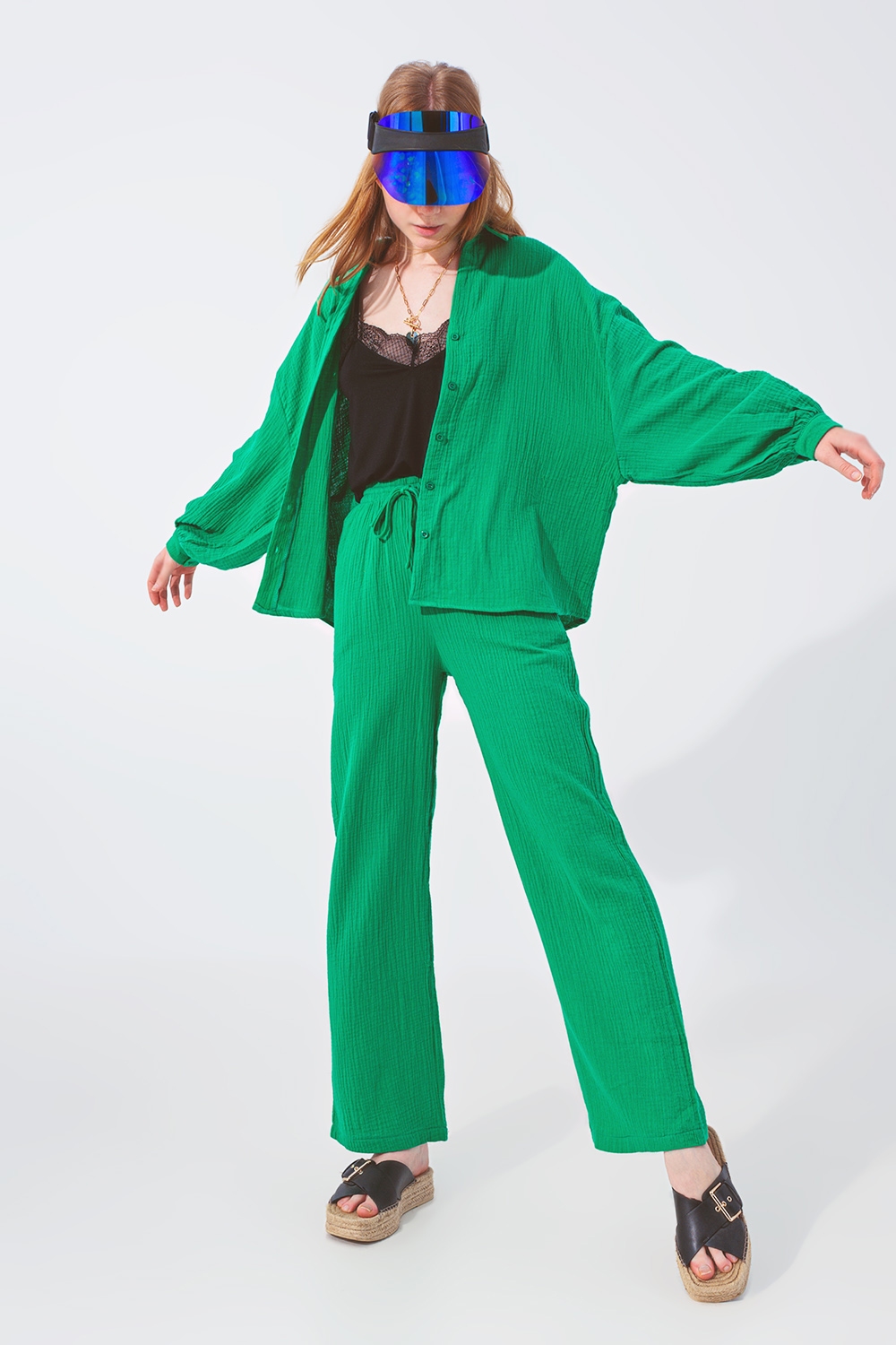 Camisa Texturizada de Corte Holgado en Verde Camisa Texturizada de Corte Holgado en Verde