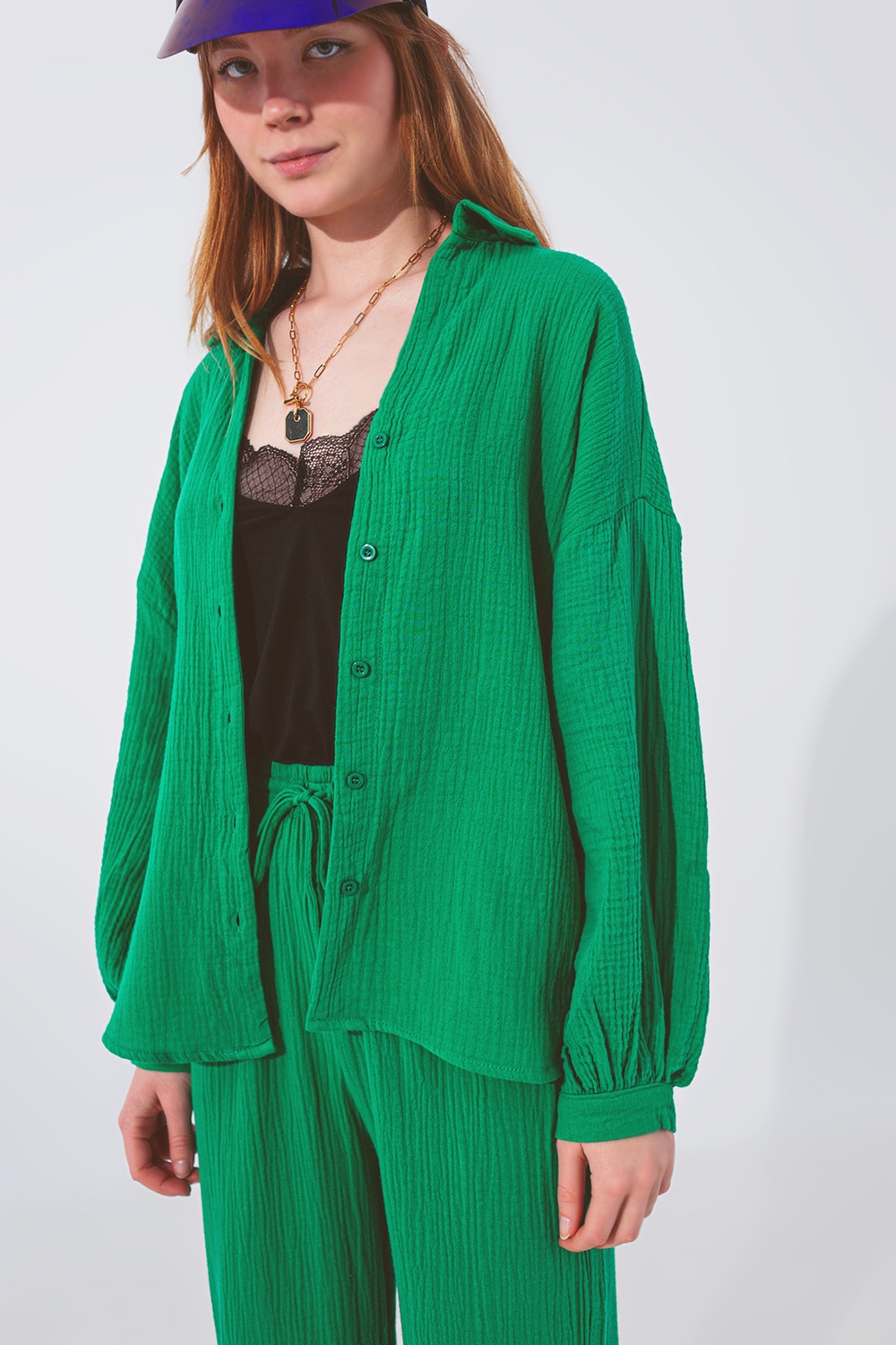Camisa Texturizada de Corte Holgado en Verde Camisa Texturizada de Corte Holgado en Verde