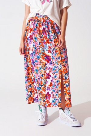 Flower Print Pleated Midi Skirt