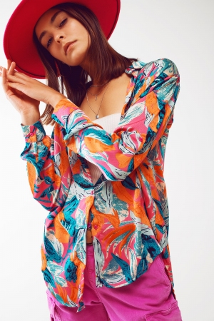 Camisa de satén con estampado floral en naranja