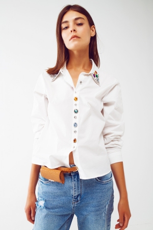 Beaded Collar Shirt With Jewelled Buttons in White