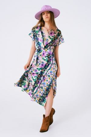 Vestido largo con estampado de flores y nudo frontal en multicolor morado y verde