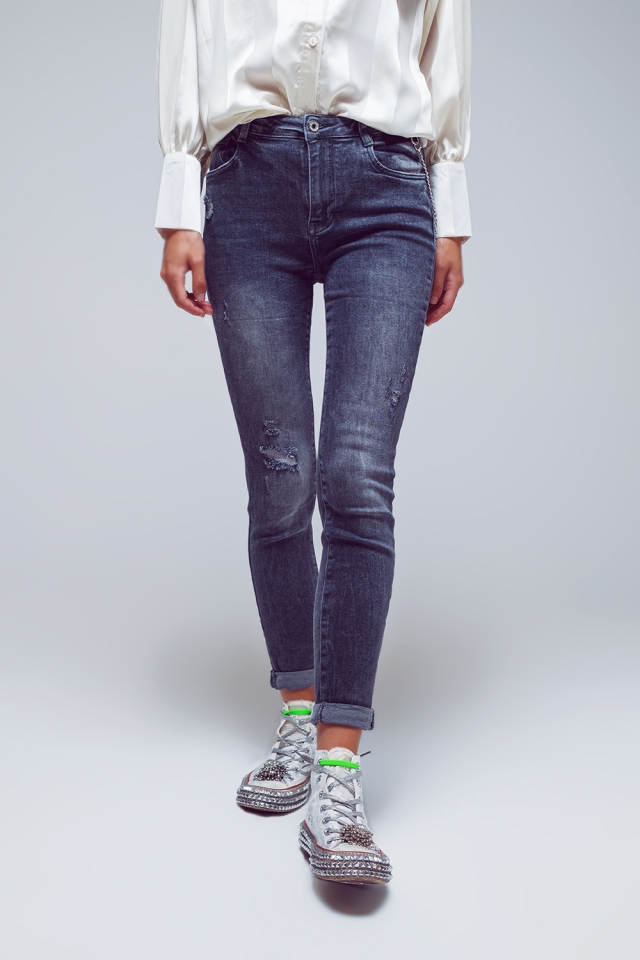 Skinny Fit Versleten Jeans in Grijs