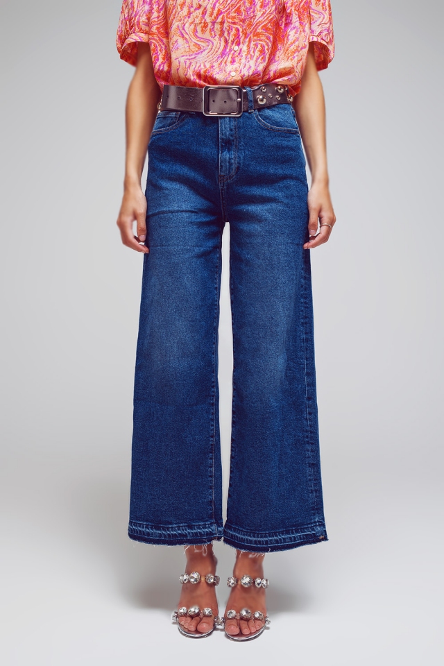 Wijde broek met zoomdetails in middelblauwe wassing