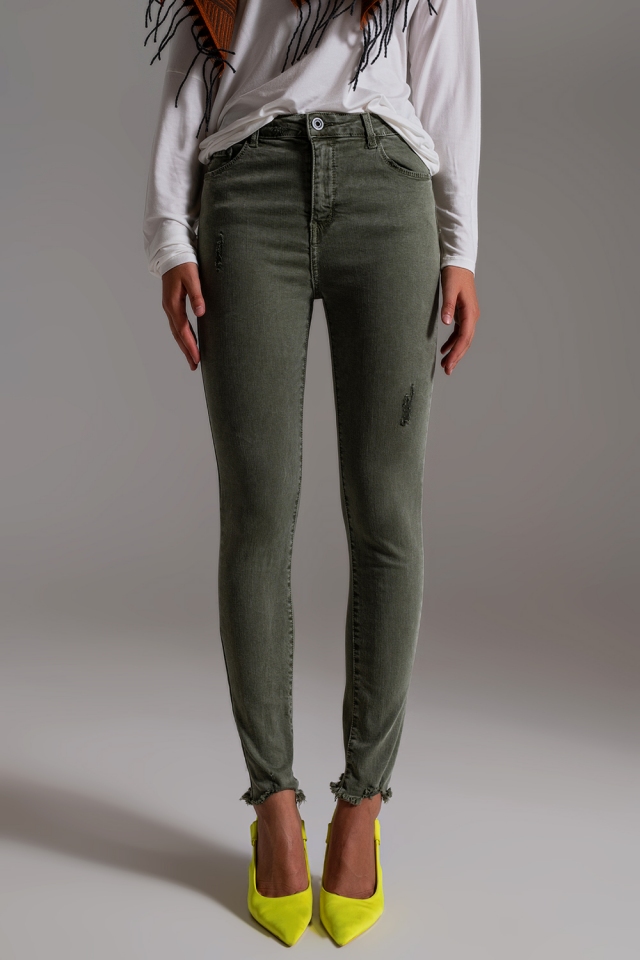 Skinny jeans met hoge taille in kaki