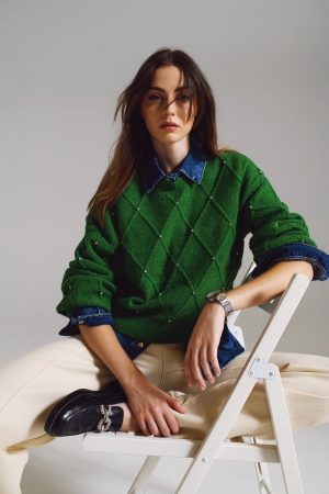 Pullover mit Argyle-Strickmuster und Verzierungen in Grün