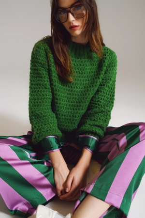 Waffle Knit Relaxed Sweater With High Neck in Green