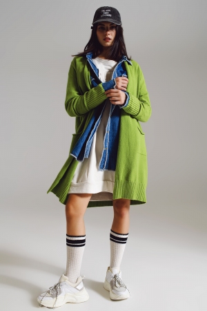 Long green cardigan with folded pockets