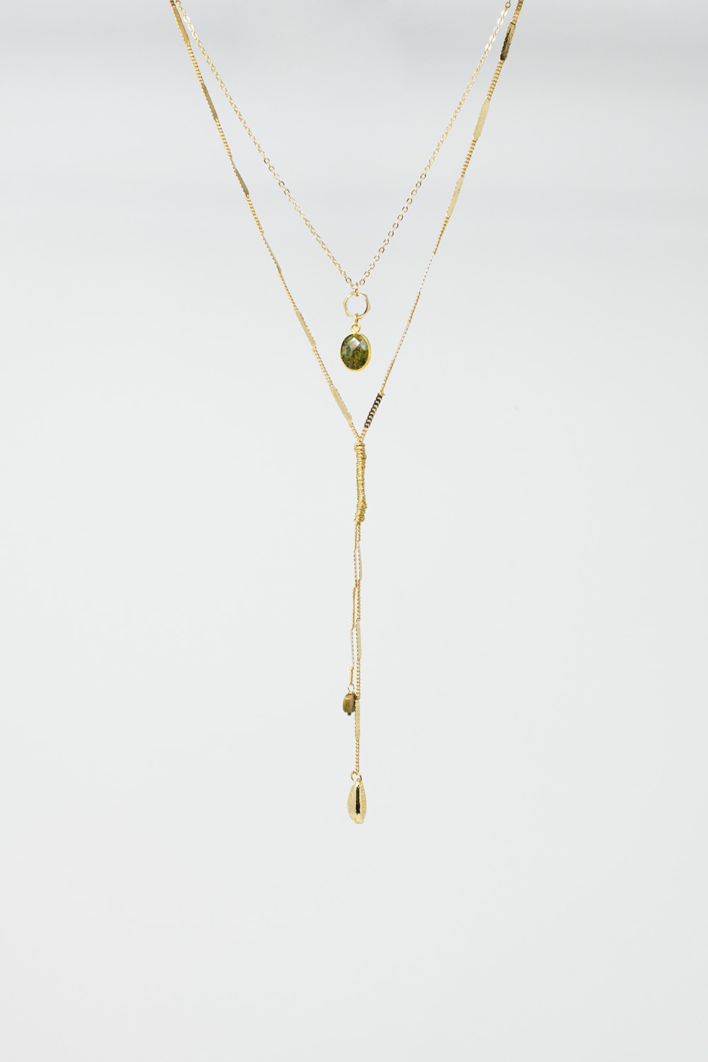 Collar largo 2 en 1 dorado con piedras verdes y doradas Collar largo 2 en 1 dorado con piedras verdes y doradas