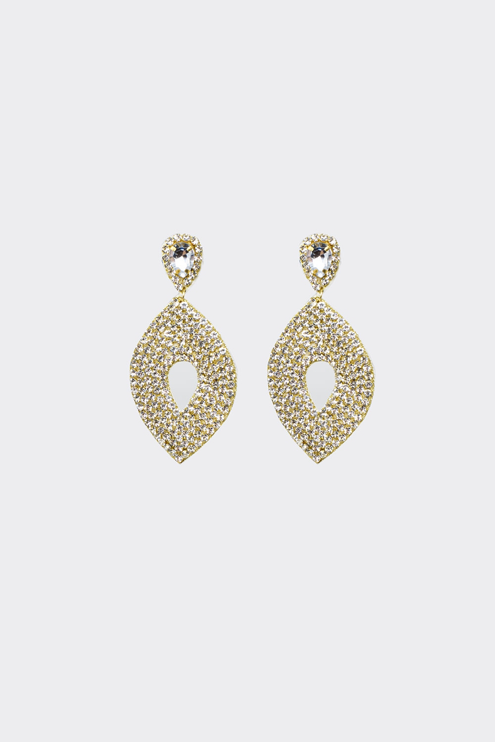 Pendientes largos romboidales con gran joya central y detalles de strass