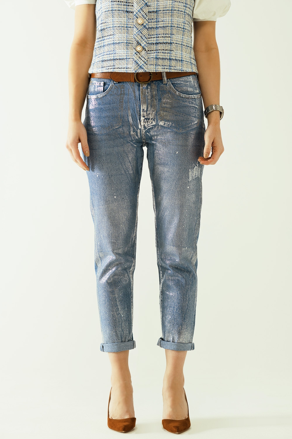 Vaqueros azules skinny con acabado metalizado en lavado claro Vaqueros azules skinny con acabado metalizado en lavado claro