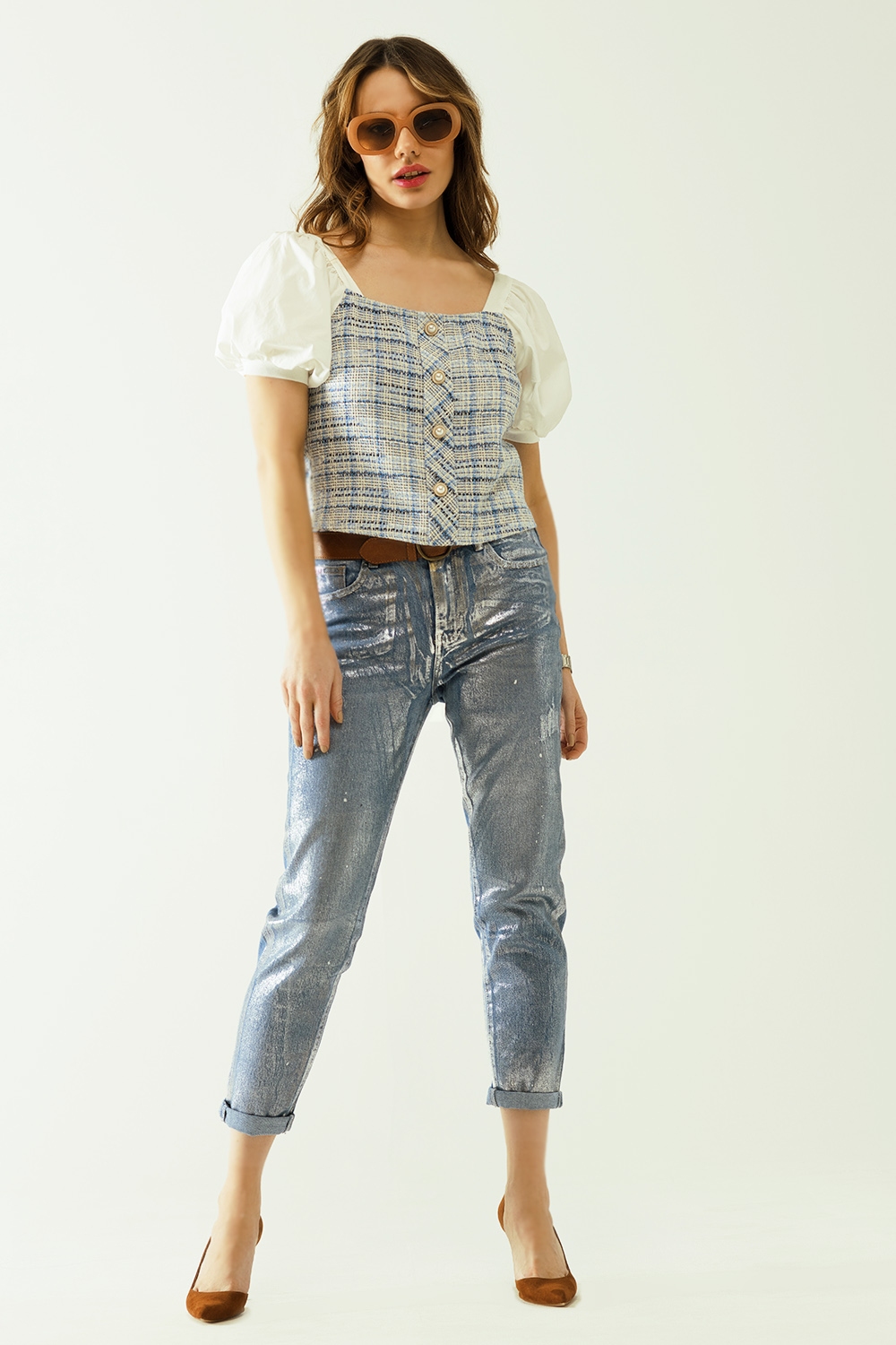Vaqueros azules skinny con acabado metalizado en lavado claro Vaqueros azules skinny con acabado metalizado en lavado claro