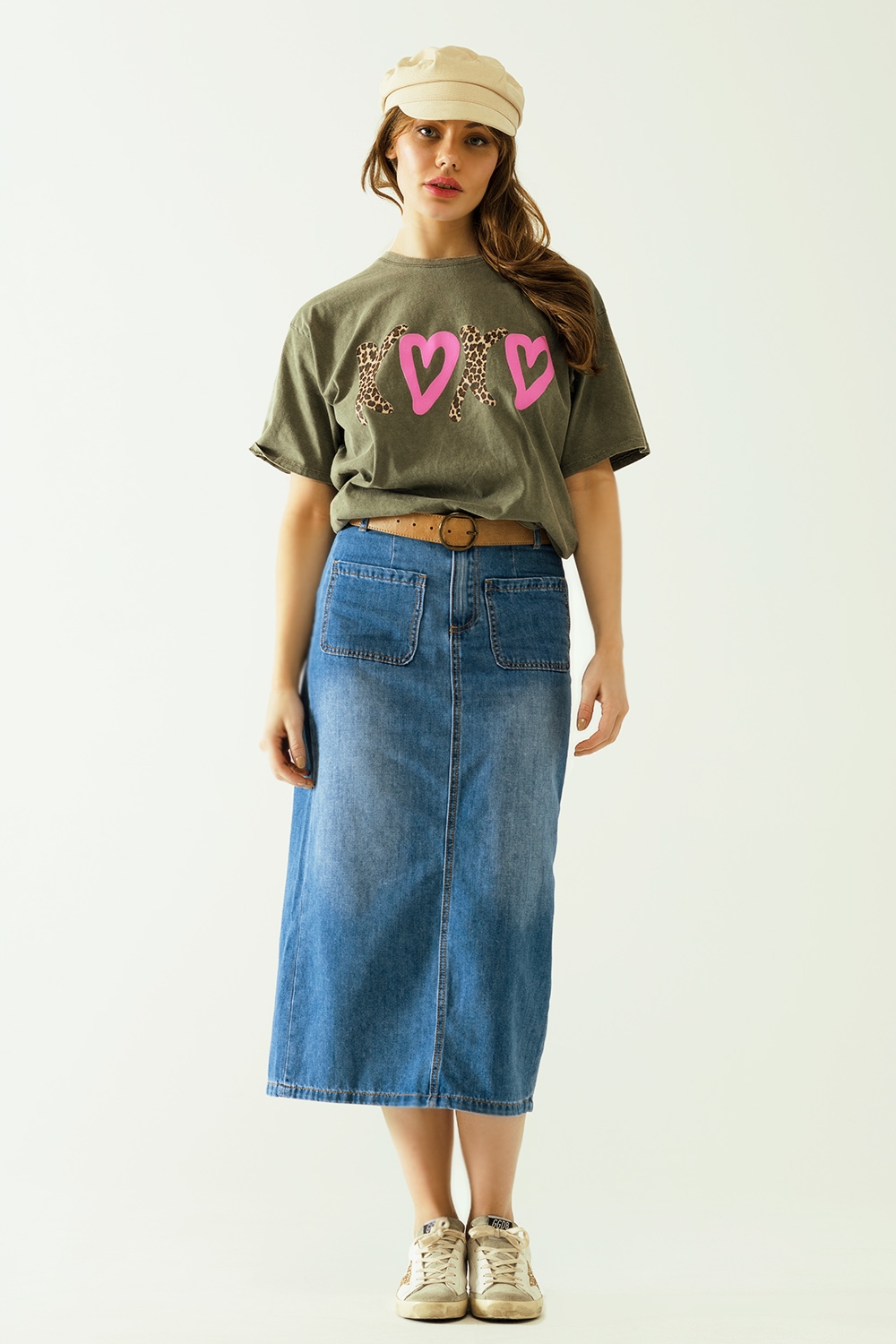 Falda vaquera midi con bolsillos delanteros Falda vaquera midi con bolsillos delanteros