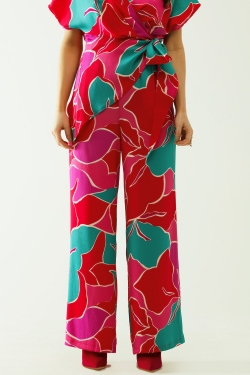 Satin Colored wide leg pant with floral designs
