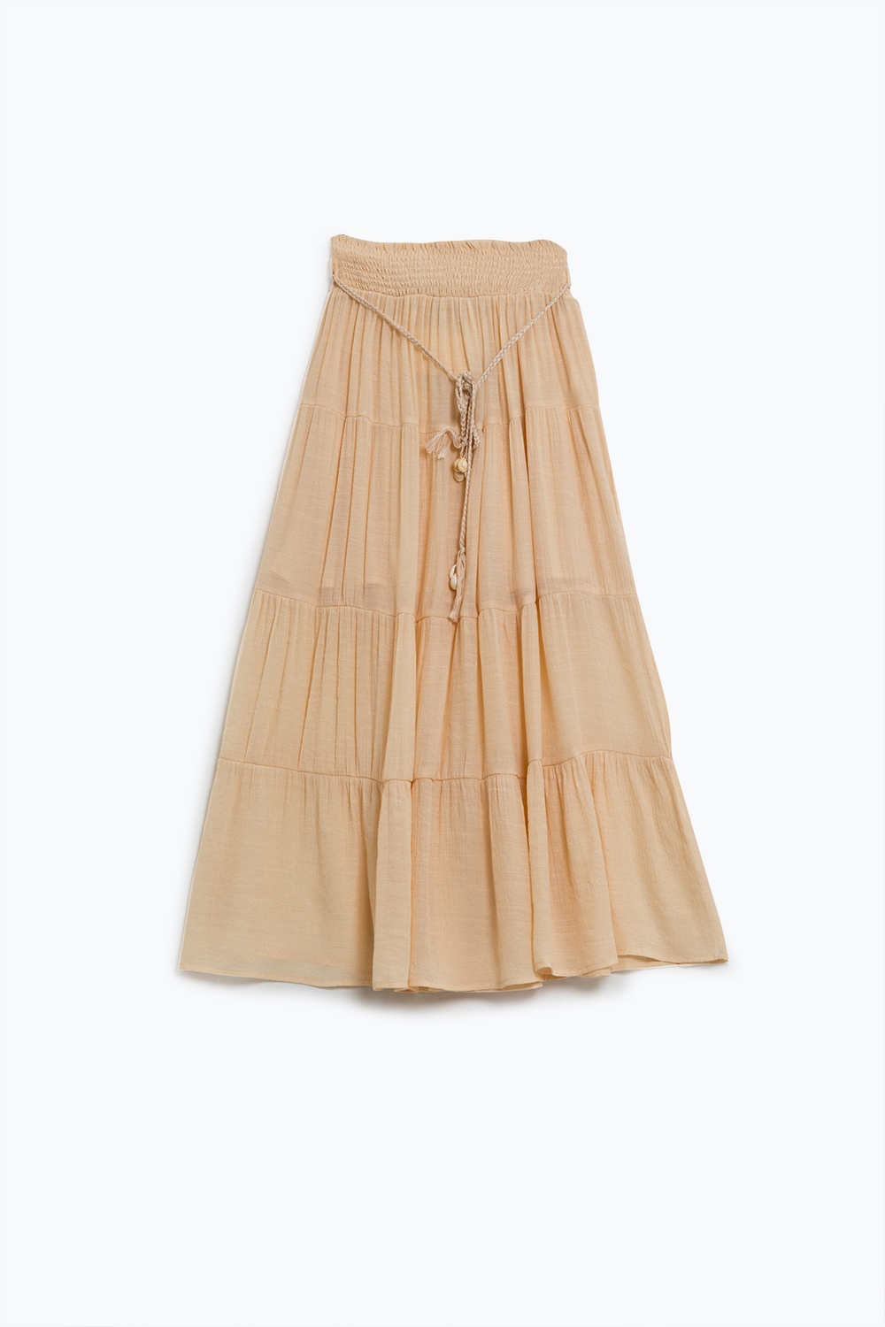 Maxifalda de tirantes en beige con cintura elástica y detalles de concha Maxifalda de tirantes en beige con cintura elástica y detalles de concha