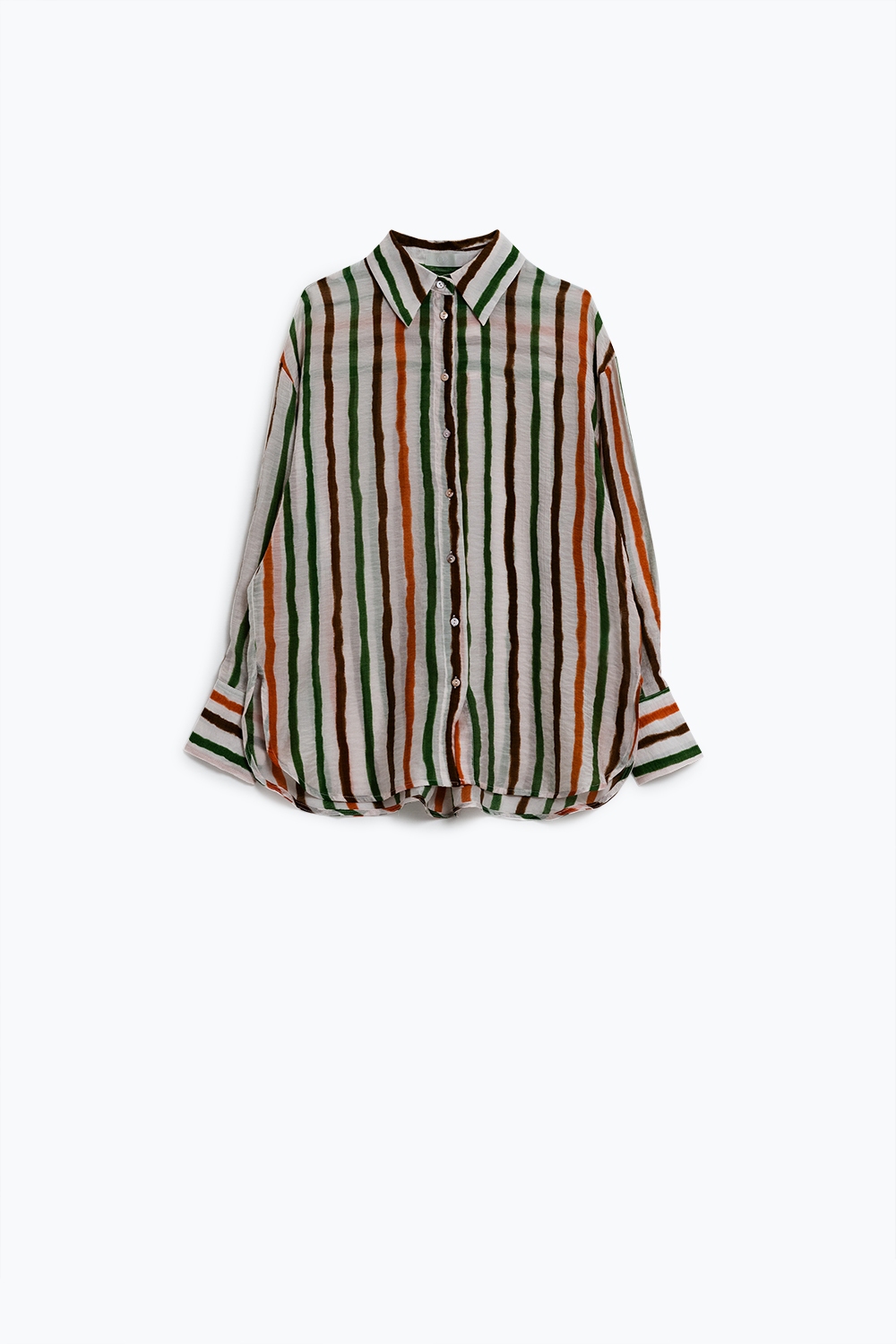 camisa de gasa de manga larga con rayas multicolores verde y marrón camisa de gasa de manga larga con rayas multicolores verde y marrón