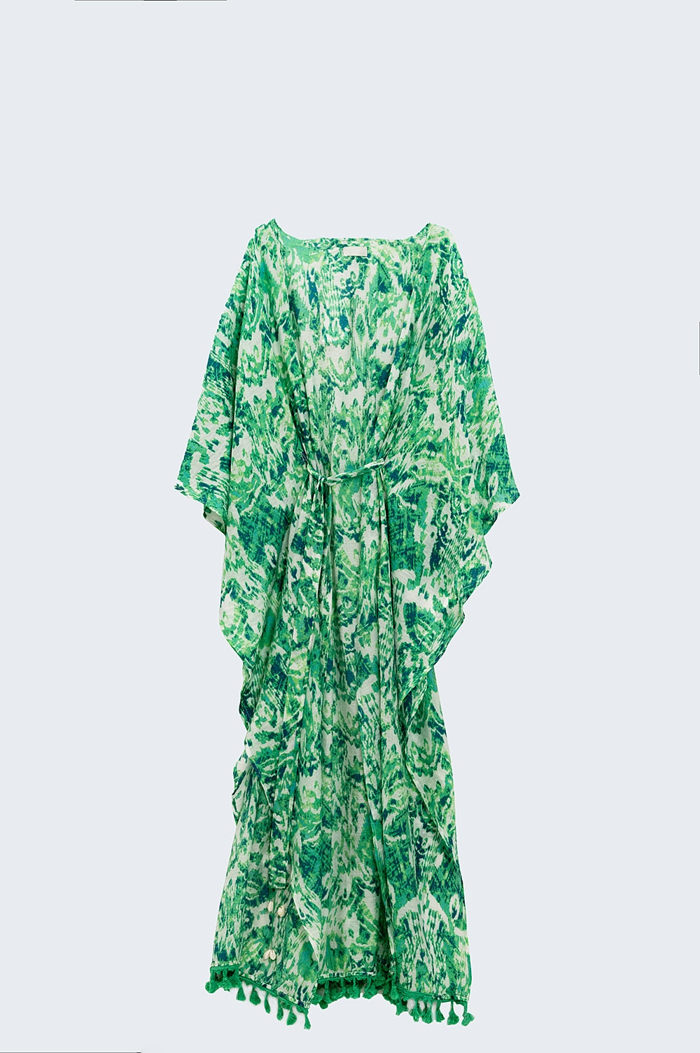 Kimono largo verde con cierre de cordón en estampado tribal Kimono largo verde con cierre de cordón en estampado tribal