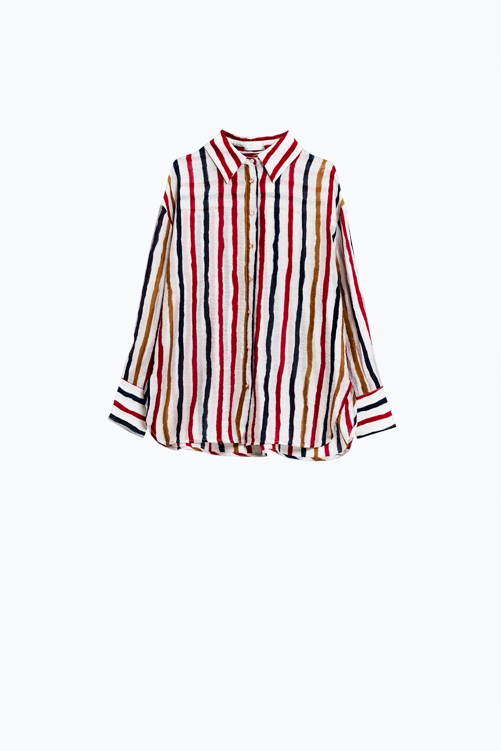 camisa de gasa de manga larga con rayas multicolores rojo y azul marino camisa de gasa de manga larga con rayas multicolores rojo y azul marino