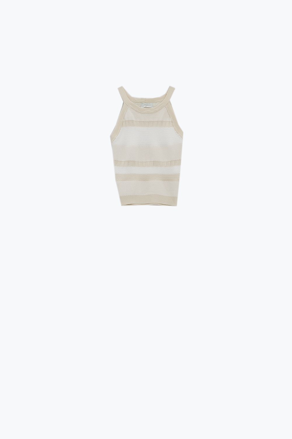 Camiseta de tirantes beige con diseño de rayas en diferentes tejidos Camiseta de tirantes beige con diseño de rayas en diferentes tejidos