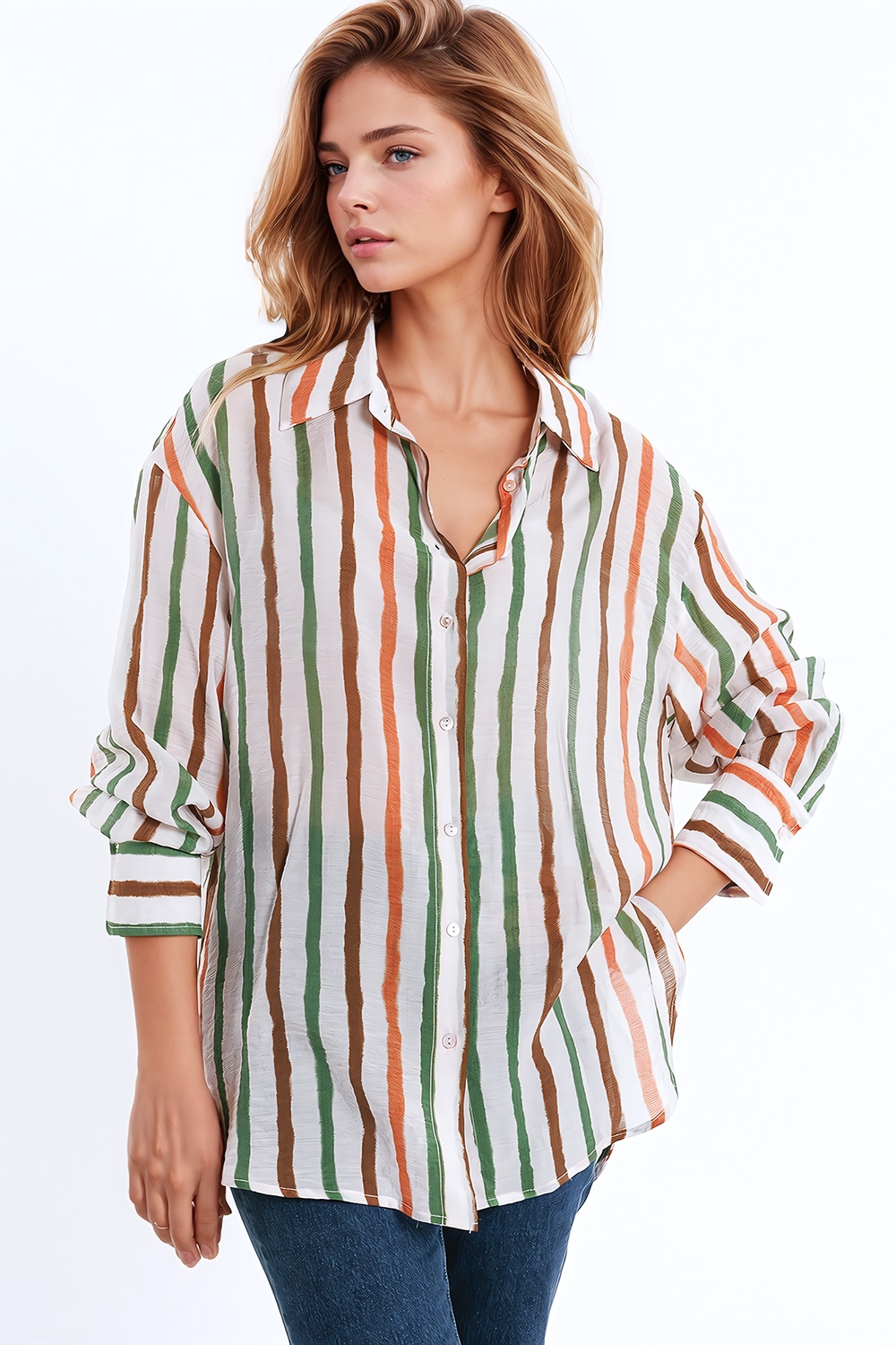 camisa de gasa de manga larga con rayas multicolores verde y marrón camisa de gasa de manga larga con rayas multicolores verde y marrón