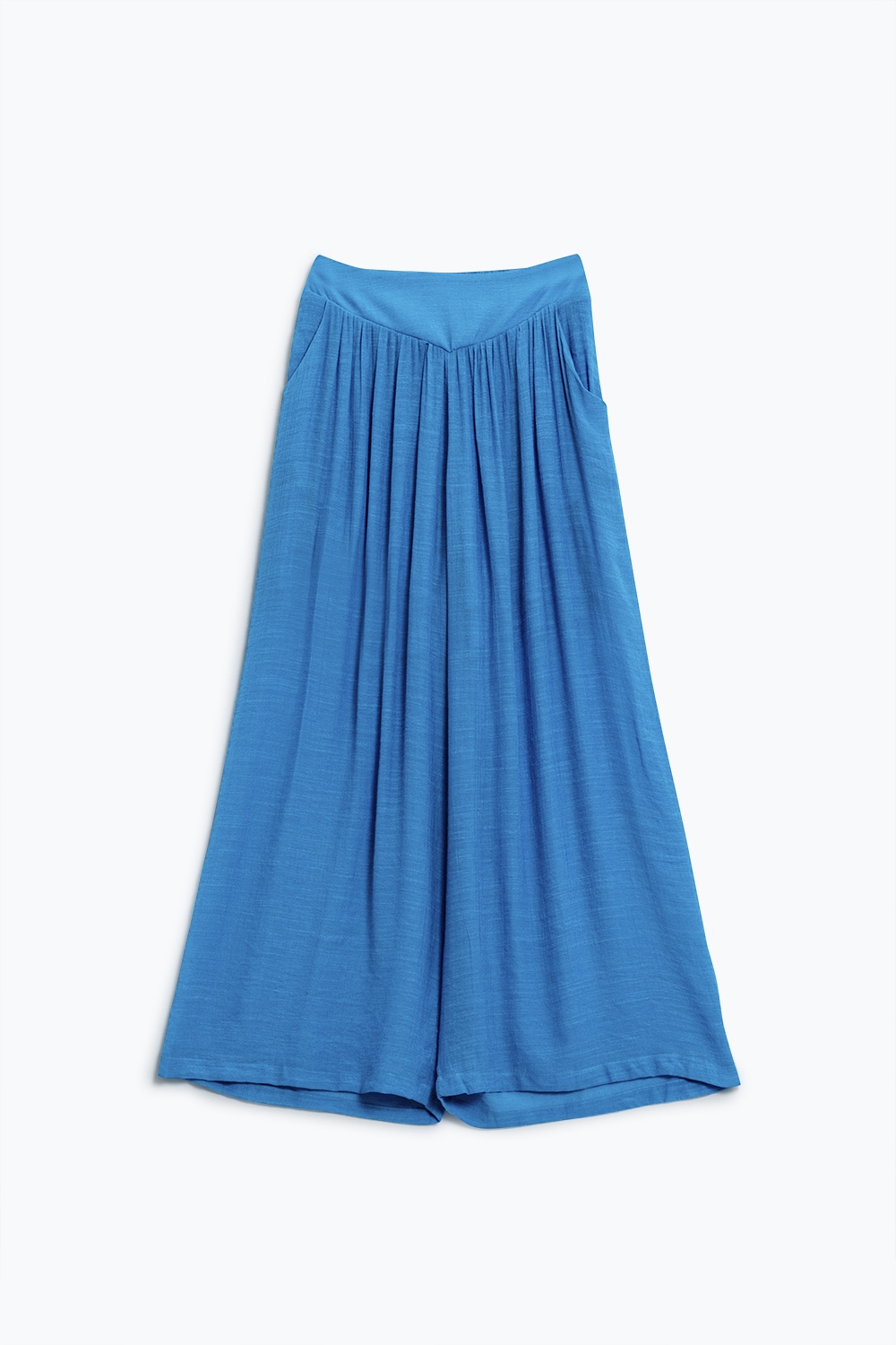Pantalones estilo palazzo azules con bolsillos laterales y banda gruesa en la cintura Pantalones estilo palazzo azules con bolsillos laterales y banda gruesa en la cintura
