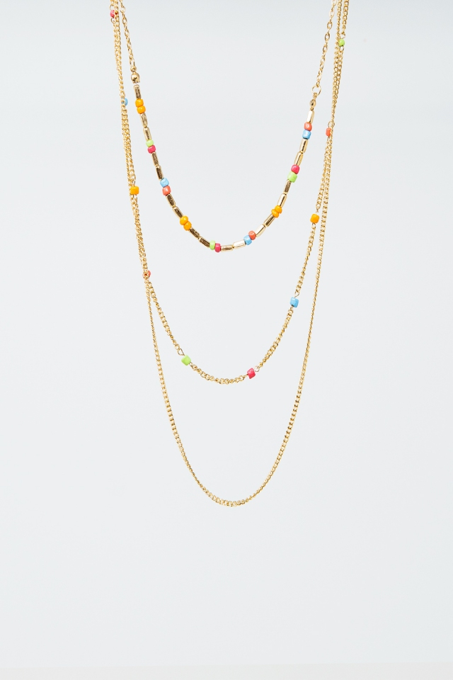 Collar 3 en 1 con cuentas arco iris y fina cadena dorada