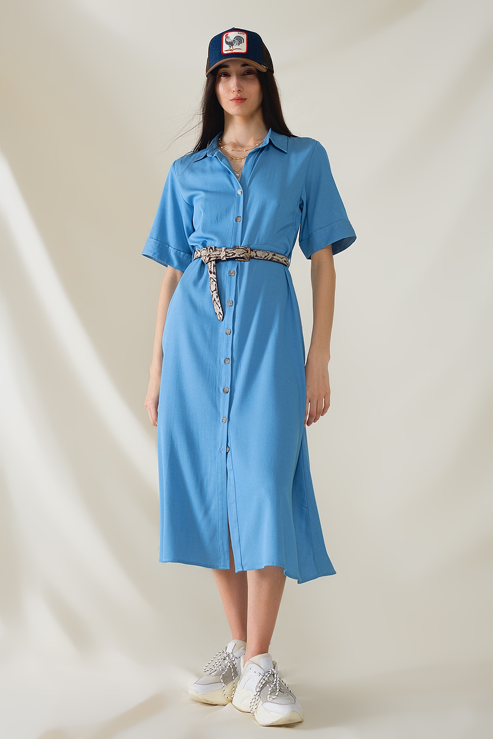 Maxi Vestido Camisero Azul Con Cuello Polo