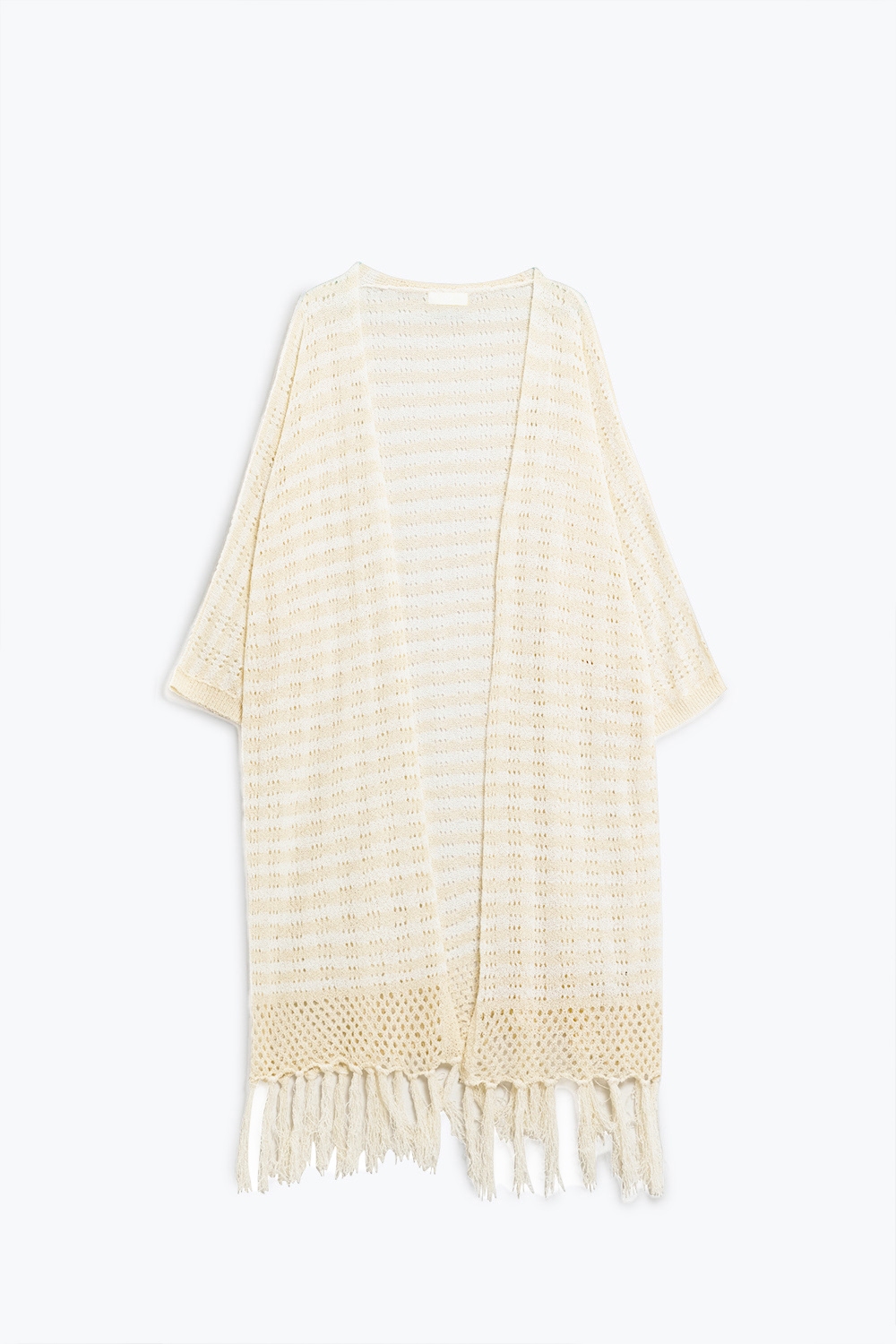 Rebeca Beige Estilo Boho Con Punto Pointelle A Rayas Y Detalles De Flecos