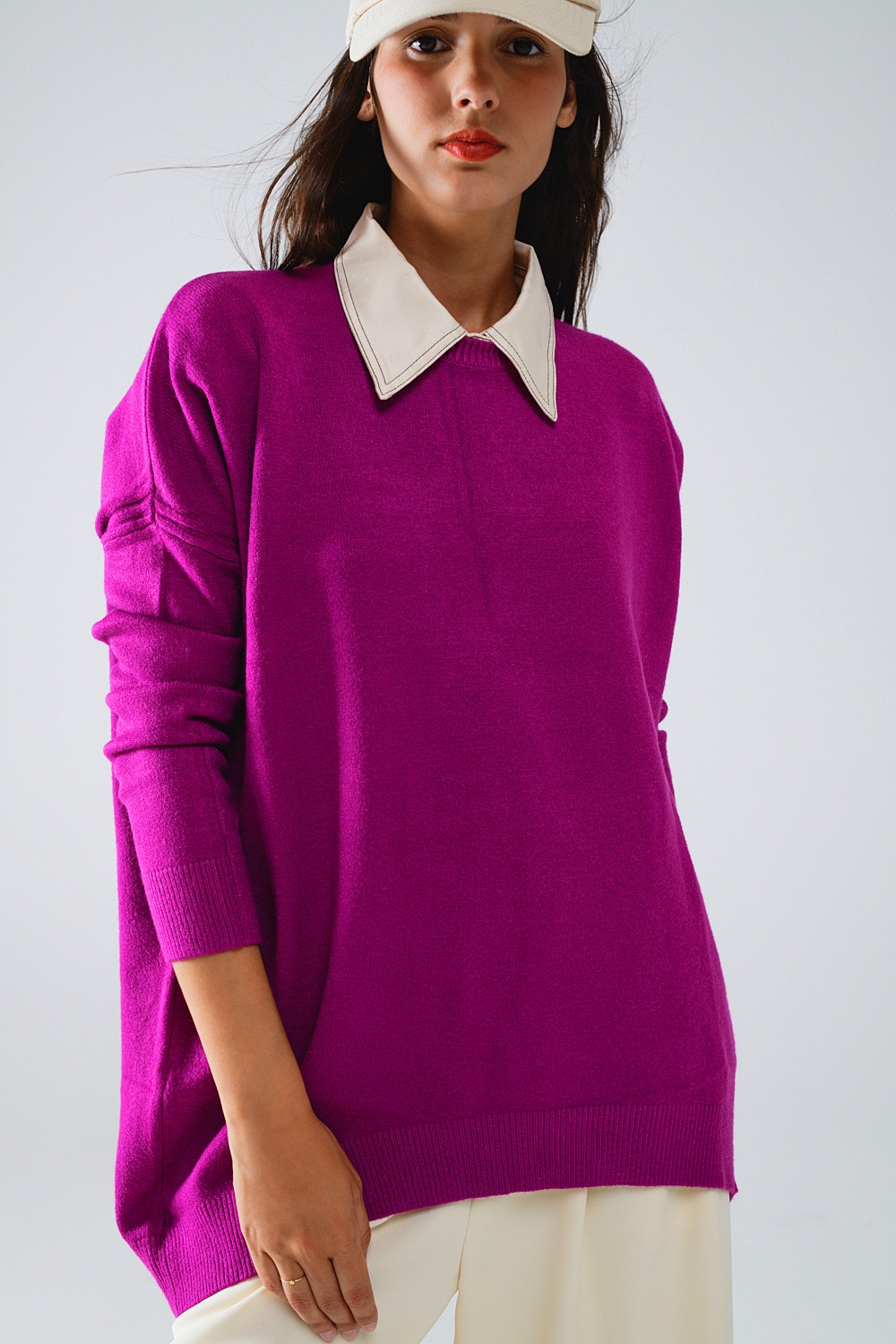 Jersey oversize de manga larga y cuello redondo en fucsia