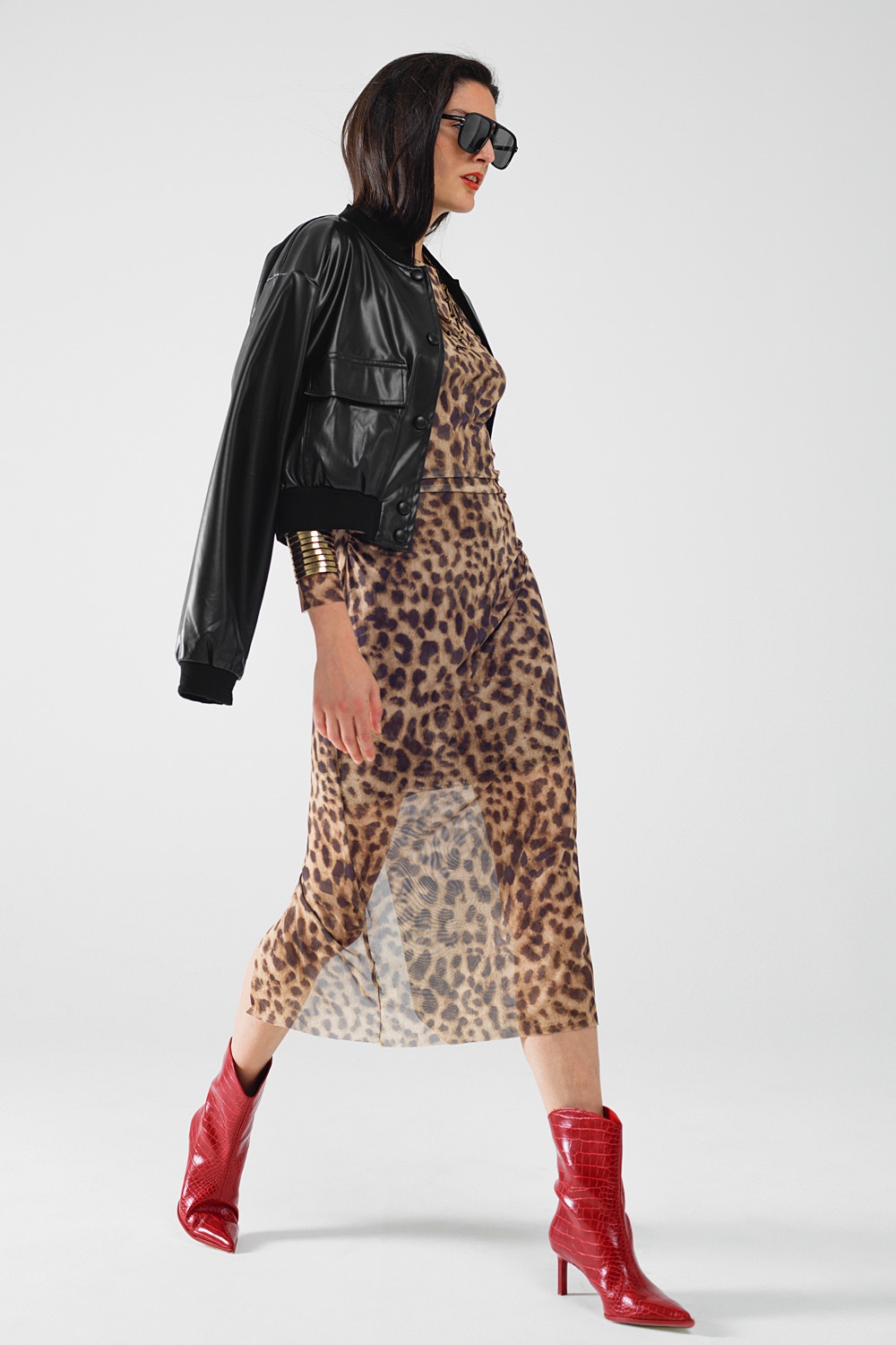vestido bodycon midi transparente de manga larga con estampado de leopardo vestido bodycon midi transparente de manga larga con estampado de leopardo