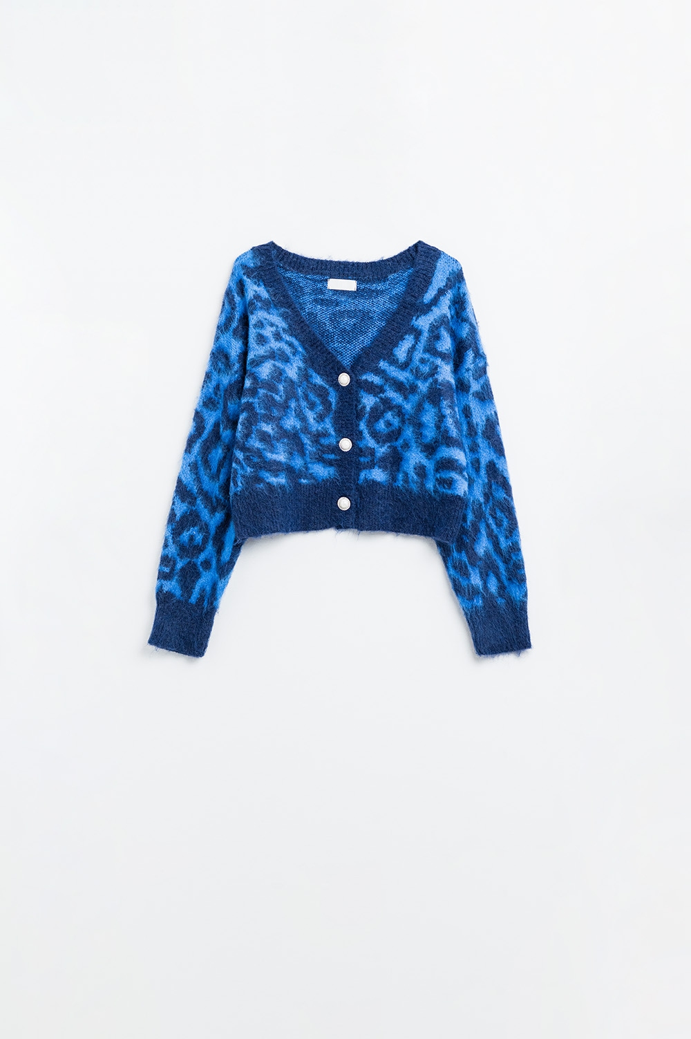 c&aacute;rdigan azul con estampado de leopardo de punto con lana